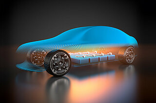 Transparentes Auto mit leuchtenden Batteriepacks im Inneren – die Zukunft der mobilen Elektrifizierung.