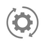 Icon of a gear wheel with a magnifying glass to represent transparent status tracking