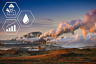 Geothermieanlage bei Sonnenaufgang mit Icons zu Service, Ölpflege und steigender Produktivität.