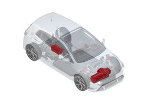 Átlátszó elektromos autó a HYDAC által támogatott alkatrészekkel, pirossal jelölt tesztpad technikával