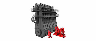 Rysunek 3D silnika wolnoobrotowego z automatycznym filtrem samoczyszczącym RF9 firmy HYDAC i modułem filtra paliwa firmy HYDAC
