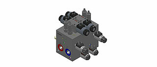 3D depiction of a valve block for a post-cure inflator