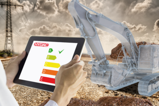 iPad com exibição de eficiência energética para monitoramento das condições de uma escavadeira