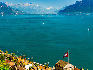 Schweizer See mit Bergenlandschaft im Hintergrund.