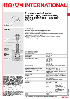 Soupape de limitation de pression DB4E - Plage de réglage : 350 bar